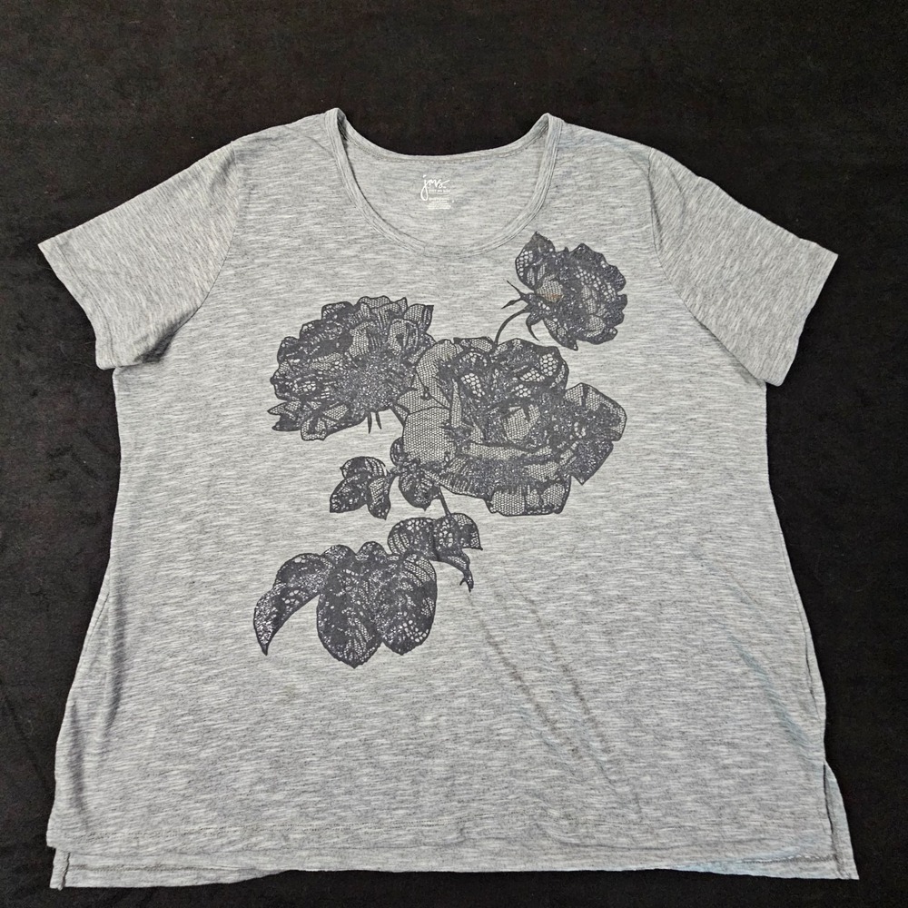 Just My Size JMS Flowers Gray Short Sleeve Polyester Blend T-Shirt Women's 3X